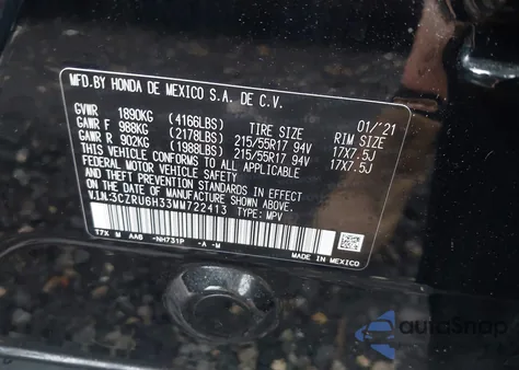 2021 Honda Hr-V Awd Lx из США, поврежденный, VIN 3CZRU6H33MM722413